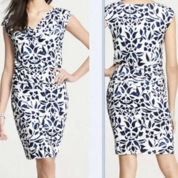 Ann Taylor Blouson Dress Ikat Floral Print Navy White Medium - Picture 1 of 8